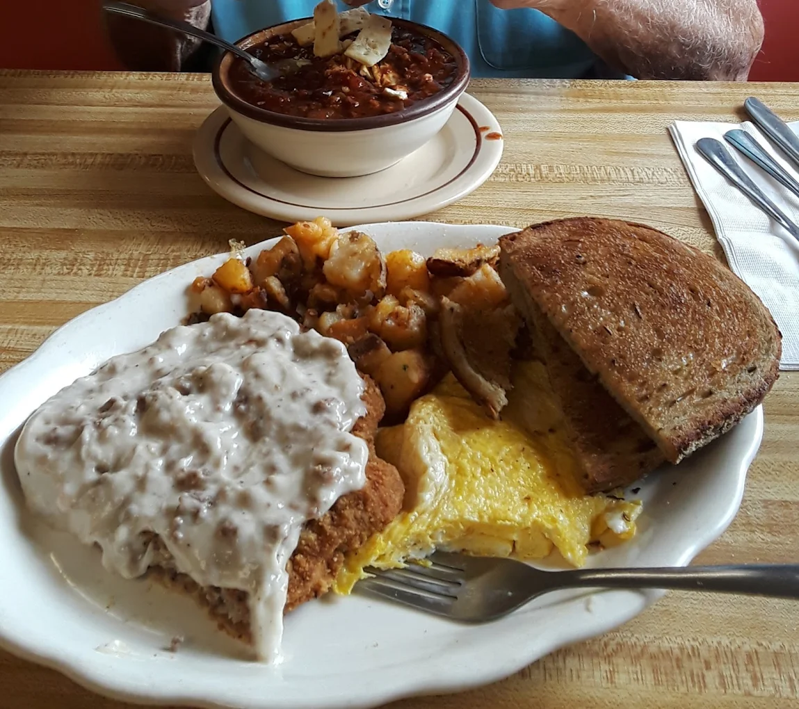 Homestyle breakfast plate and chili
